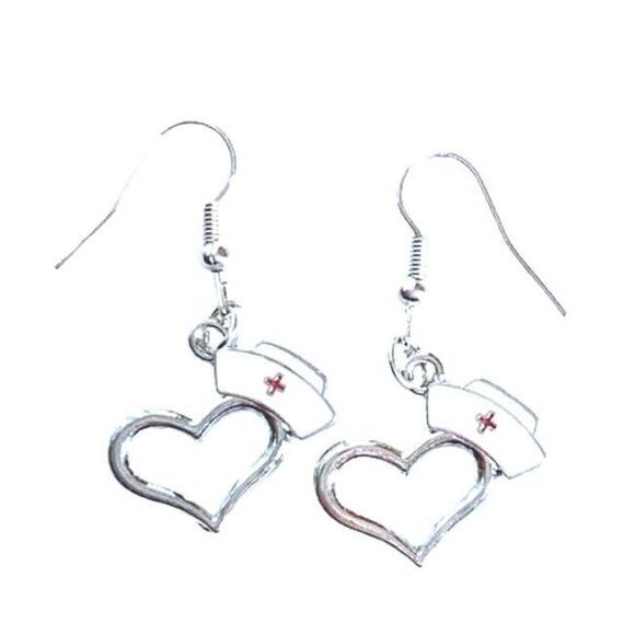 NEW Nurses Have Heart Necklace Earrings SET Red Cross Stethoscope Silver Chain - Picture 2 of 5